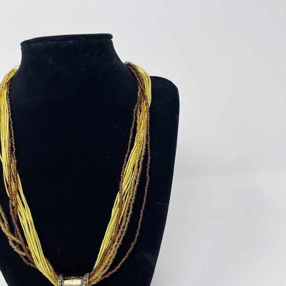 Multilayered Beaded Statement Necklace with Large Pendant Yellow Brown Green - Picture 3 of 7